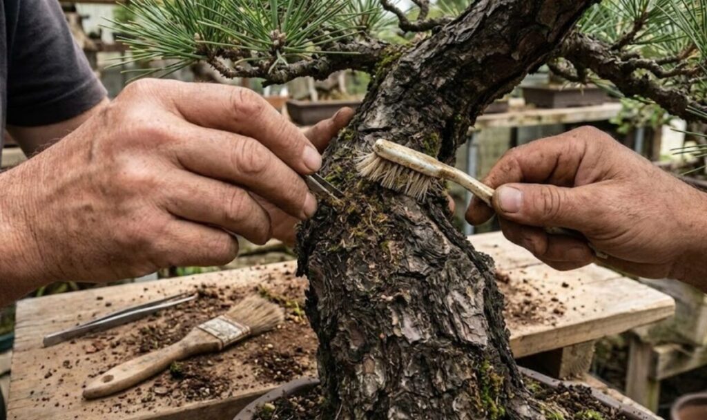 黒松の樹皮をお掃除