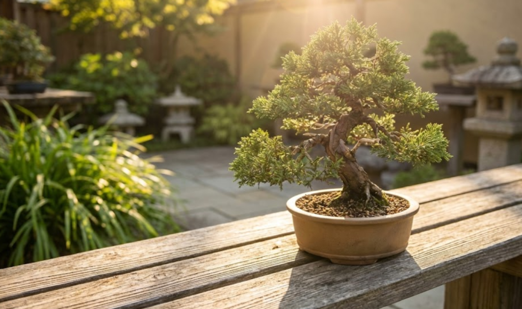 太陽の光を浴びる杜松盆栽